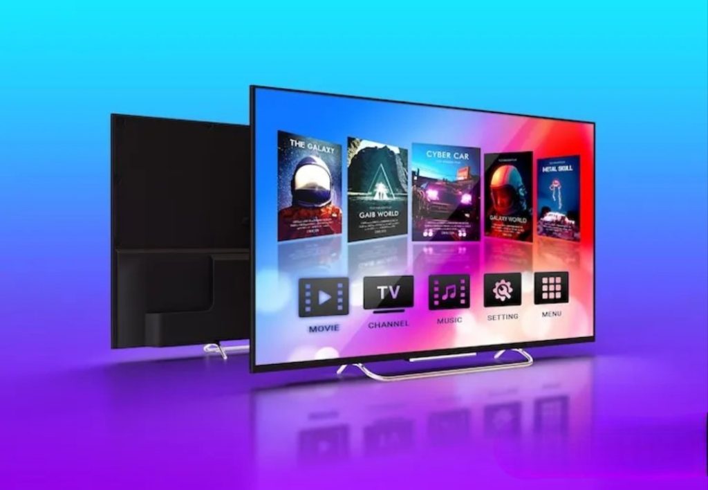Smart television displaying a Zone4K style streaming interface with movie tiles and a channel menu