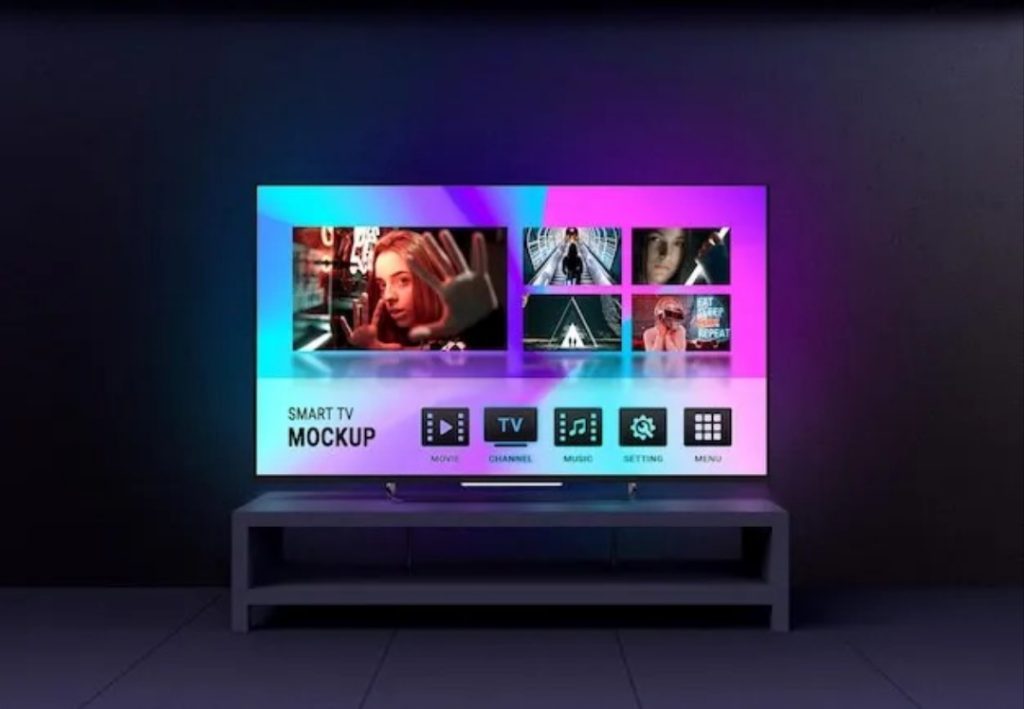 Smart television in a dark living room showing a grid of streaming content tiles